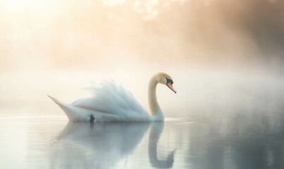 Obraz premium White swan drifting on still water, soft reflections and gentle ripples