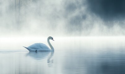 Fototapeta premium White swan gliding across a reflective pond