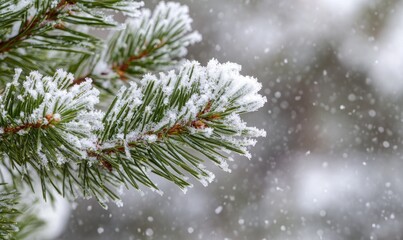 Wintery pine needles, white snow dusting