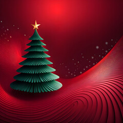 Stylized Christmas Tree with Paper Cutout Layers on Red Background