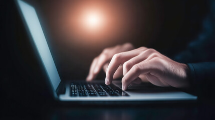 Man using digital tablet and working on laptop computer on office table