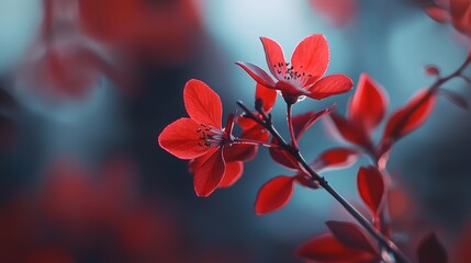  A red flower, focused tightly, atop a branch against a softly blurred backdrop of fellow red blossoms