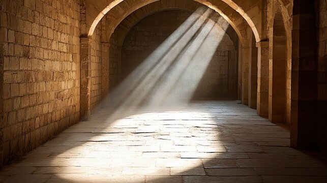 A narrow, dimly lit hallway with a large archway