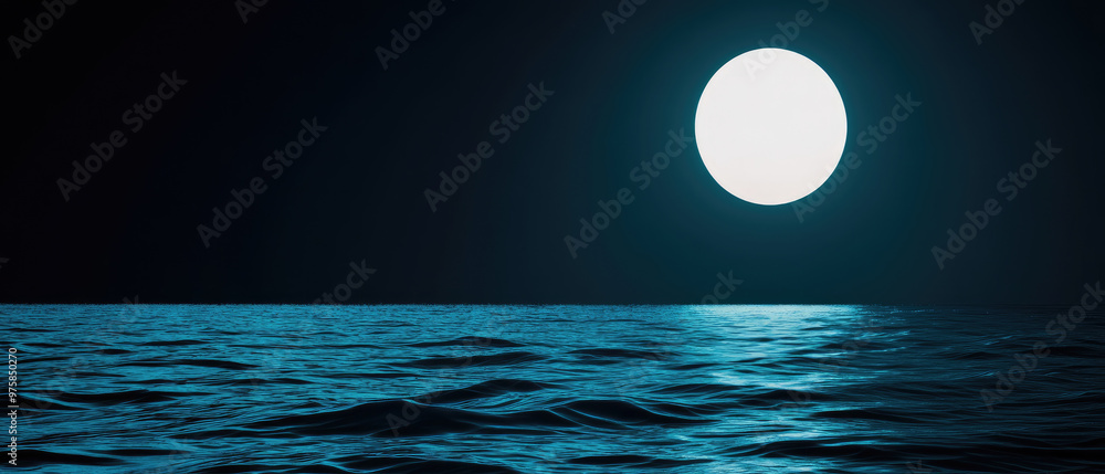 Poster ethereal ocean moonlight, a luminous full moon casts its glow on tranquil waters, creating a serene 