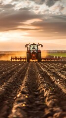 Fototapeta premium Autonomous Tractor Plowing Fields at Sunset with Precision Agricultural Technology
