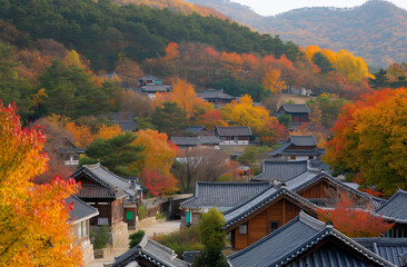 Obraz premium A Korean village with traditional architecture set amidst a backdrop of vibrant autumn foliage