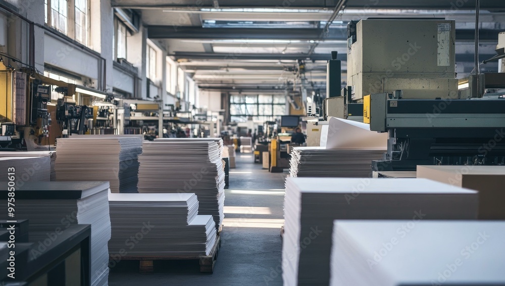 Poster stacks of paper in a factory setting.