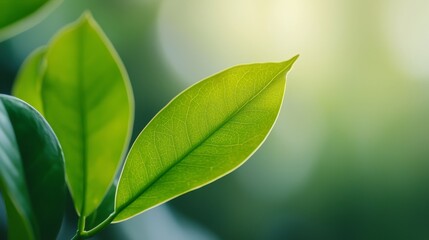  A tight shot of a green leaf on a branch, sunlight filtering through, background softly blurred