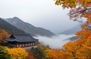 A mountain temple in Korea surrounded by mist and autumn colors