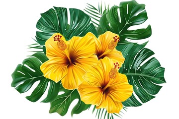 Fototapeta premium Watercolor Summer Tropical Bouquet Composition with Frangipani, Hibiscus, Monstera and other leaves.