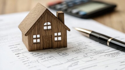 A wooden house is on top of a piece of paper with a calculator