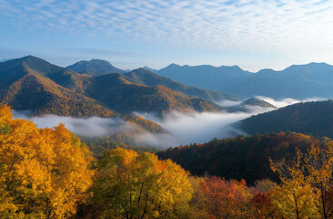 A panoramic view of a Korean mountain range with a colorful blanket of fall trees
