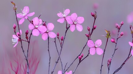 Obraz premium A tight shot of a pink bloom on a branch against a gray and pink backdrop, surrounded by more flowers