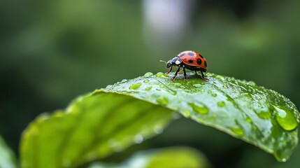 Fototapeta premium A ladybug perches on a green leaf, its back legs dotted with water droplets