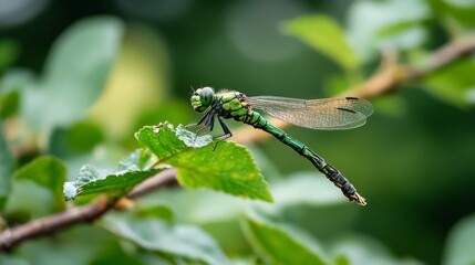  A green dragonfly atop a branch, adorned with green leaves, surrounded by verdant foliage
