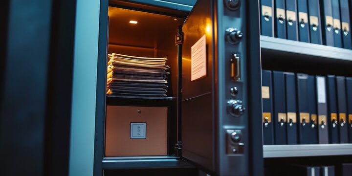 A metal safe door open, revealing files inside.