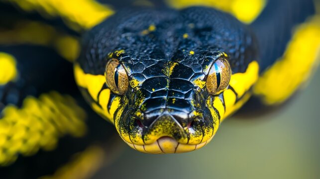  A tight shot of a snake's head, adorned with yellow and black stripes along its body and visage