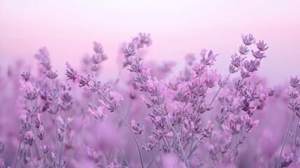 Fototapeta premium A field filled with lavender flowers and a pink sky in the background appears blurred in the image