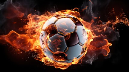 Fototapeta premium A captivating close-up of a soccer ball ablaze, with flames erupting from various points around it.