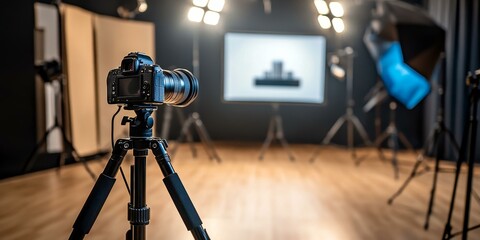 Camera on tripod in a photo studio.