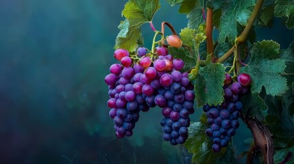 Fototapeta premium Grapes with red berries dangling from green leaves on a vine