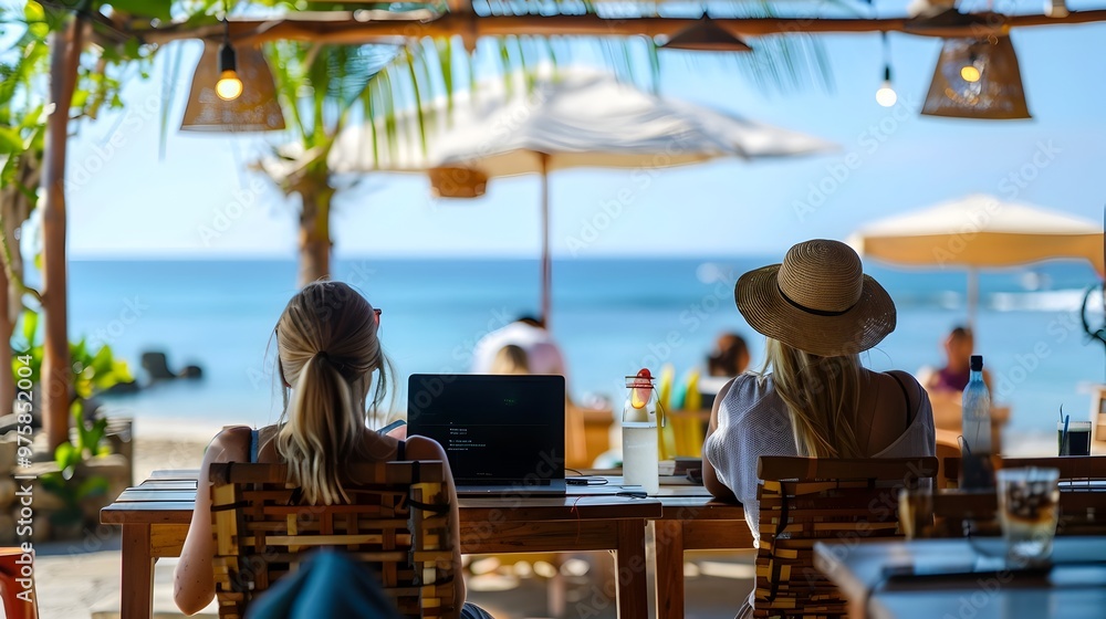 Poster beachfront cafe setting with digital nomads working on laptops enjoying ocean views and scenic surro