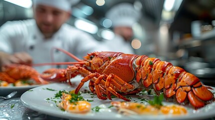 In a lively kitchen, a chef expertly arranges a stunning lobster dish, showcasing fresh ingredients and culinary talent in action