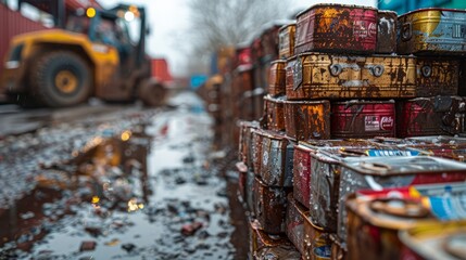 In a gritty urban setting, rain-soaked piles of colorful, rusty cans reflect the struggles of industry and the passage of time, revealing rich textures