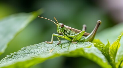 Fototapeta premium A tight shot of a grasshopper perched on a verdant leaf, adorned with dewdrops at its hindquarters