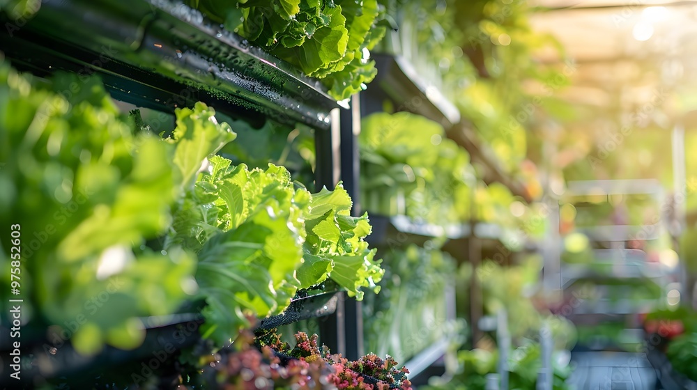 Poster automated vertical farm producing fresh vegetables year round in urban setting for enhanced food sec