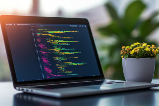 Explore a modern workspace featuring a high-tech laptop displaying intricate code snippets, ideal for web development and programming enthusiasts.