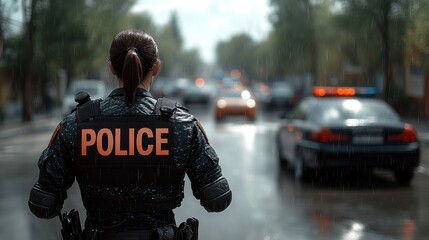 A police officer stands vigilant on a rainy street, overseeing the bustling traffic ahead