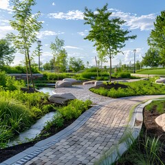 Fototapeta premium Eco friendly Park with Rain Gardens and Permeable Pathways for Sustainable Water Management