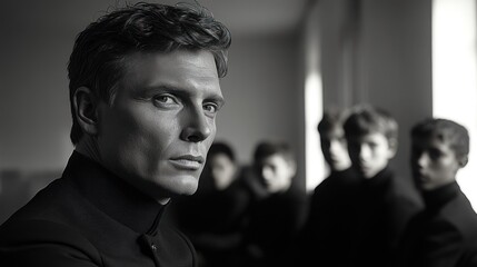 A charismatic figure stands in deep thought, surrounded by focused young individuals