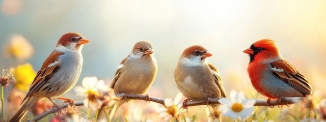 Fototapeta premium A collection of birds perched on a tree branch before a expanse of white and red blooms