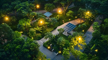 Naklejka premium Smart Sustainable Urban Park with Solar Powered Lighting and Green Amenities