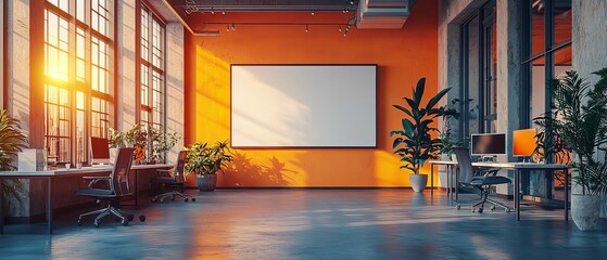 A bright coworking space featuring mobilefirst business tools and remote collaboration setups The startup incubator environment has a large blank screen for text placement