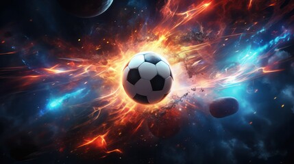 Fototapeta premium A captivating close-up of a soccer ball ablaze, with flames erupting from various points around it.