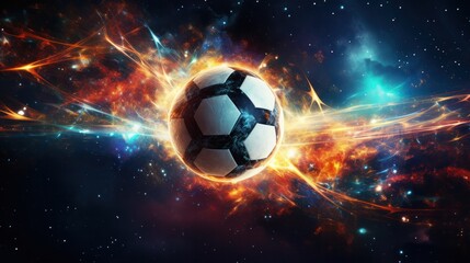 Naklejka premium A captivating close-up of a soccer ball ablaze, with flames erupting from various points around it.