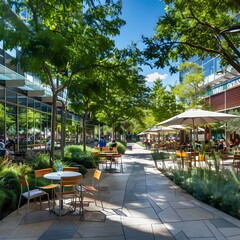 Lively Urban Green Plaza with Outdoor Cafes and Shaded Walkways