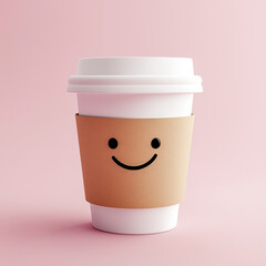 A takeaway cartoon coffee cup with a smiley face on pink background, Coffee lovers, Happy Emoji Kawaii face on Bubble or Boba Tea Cherry Flavor Full color