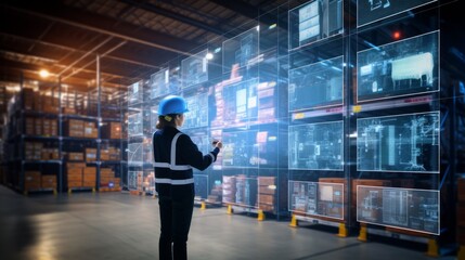 A man is exploring a digitally enhanced warehouse equipped with advanced inventory management systems