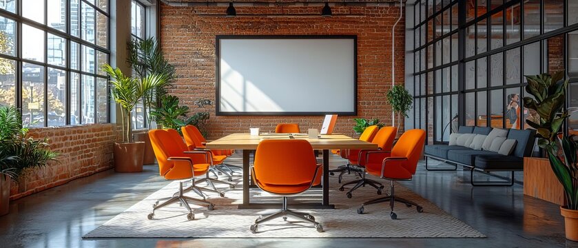 A bright office space highlighting mobilefirst business strategies and remote collaboration tools The startup incubator setting has a blank wall ready for text placement
