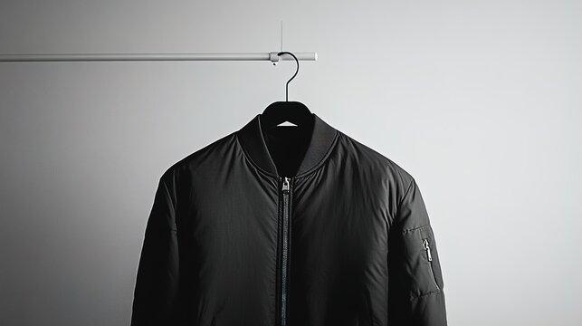 Black jacket hanging on minimalist rack.