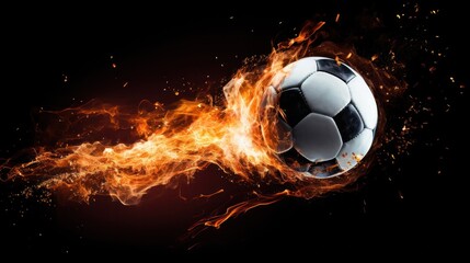 Naklejka premium A captivating close-up of a soccer ball ablaze, with flames erupting from various points around it.