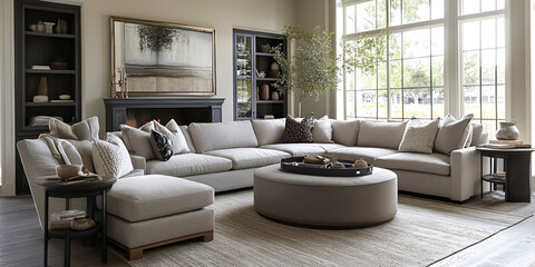 Large Modern Living Room with Neutral Color Scheme, Multiple Seating Options, Fireplace, and Large Window