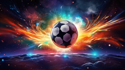 Fototapeta premium A captivating close-up of a soccer ball ablaze, with flames erupting from various points around it.