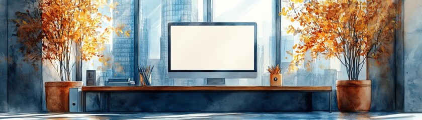 A professional office showcasing mobilefirst business practices with remote collaboration setups The startup incubator features a blank screen ready for text