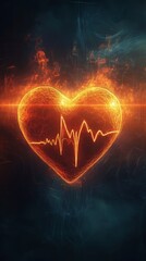 Glowing heart with heartbeat pulse in dark background, vibrant health concept