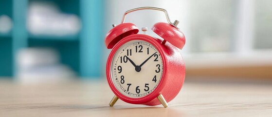 A vibrant red alarm clock on a wooden surface, symbolizing time management and punctuality in a cozy environment.